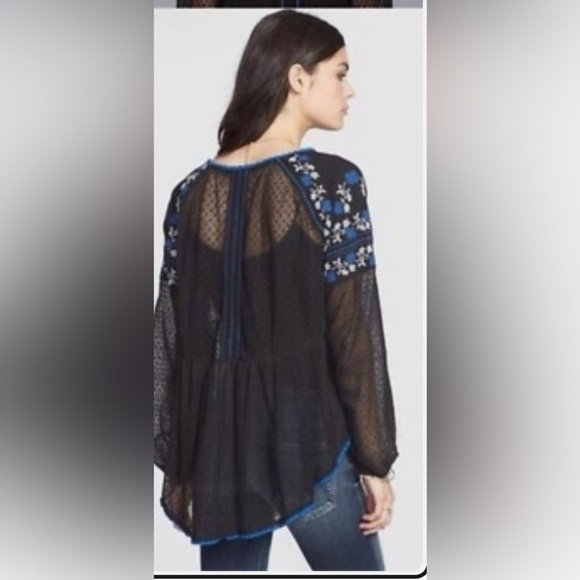 Free People Sheer Mesh Black Floral Embroidered Peasant blouse top L black - Picture 2 of 8